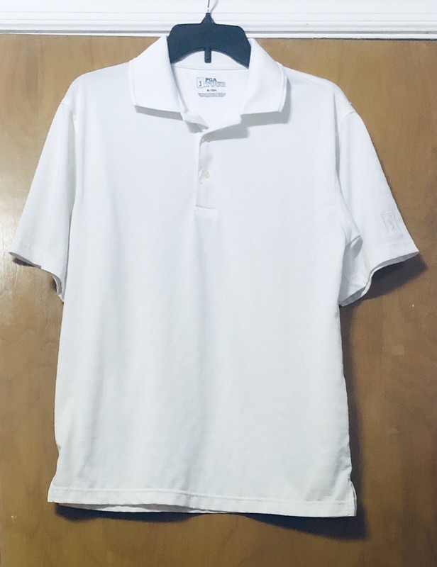 Mens PGA TOUR Golf Three Button Collar Striped Logo Stretch S/S Polo Shirt SMALL