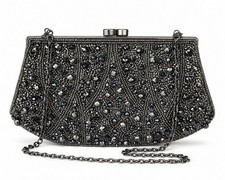 Nordstrom Hand Beaded Hematite Clutch Evening Bag Gunmetal Crystal Frame Chain