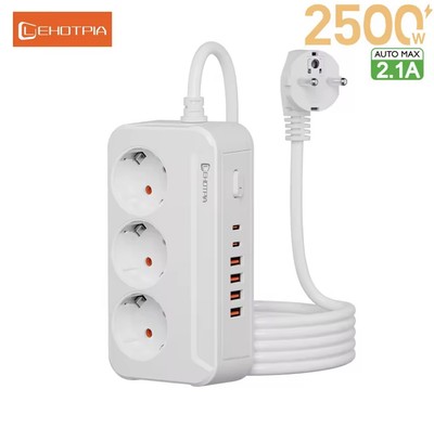2500W EU Plug Power Strip Extension Socket USB-C Fast Charge Multitap