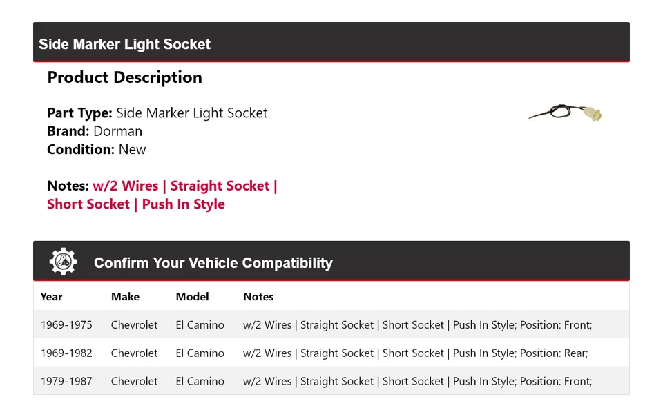 For 1969-1987 Chevrolet El Camino Dorman Side Marker Light Socket 1970 1971 1972 - Image 2 of 4