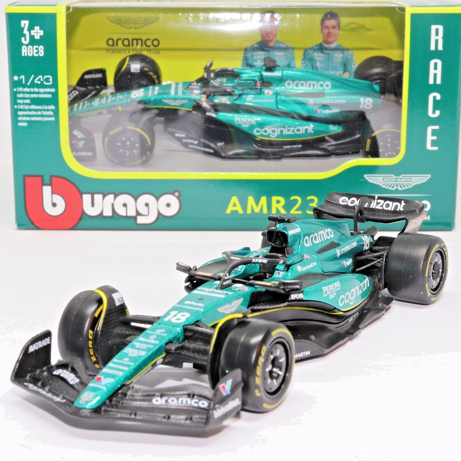 Bburago Aston Martin AMR23 Formula 1 Season 2023 Stroll #18 Scale 1:43 Toy Model