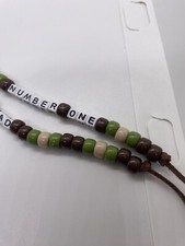 Dad Number One Green/Brown Pony Beads on Brown Leather Silver Clasp  KeyChain