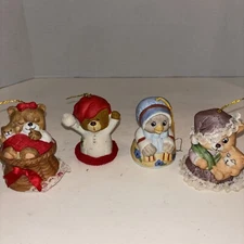 Christmas JASCO CARING CRITTER CHIMERS (4)Bisque Porcelain Bell Ornament VTG