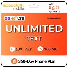 SpeedTalk SIM Card Unlimited Text 100 Talk  Data Prepaid Phone Plan 6.25/Mo.