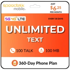 SpeedTalk SIM Card Unlimited Text 100 Talk & Data Prepaid Phone Plan $6.25/Mo. 