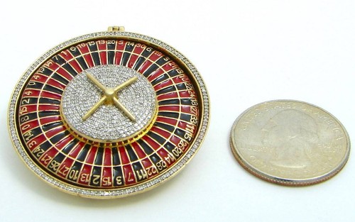 DIAMOND ROULETTE WHEEL PENDANT SPINNING ENAMELED ROULETTE NATURAL DIAMONDS - Picture 4 of 4