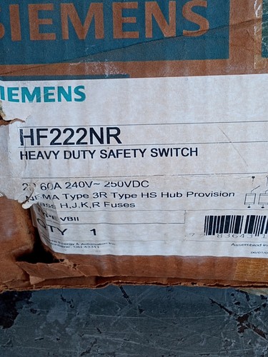 Interruptor de seguridad de alta resistencia Siemens HF222NR 2P, 60A, 240-250VDC, N3R, tipo buje HS - Imagen 1 de 9