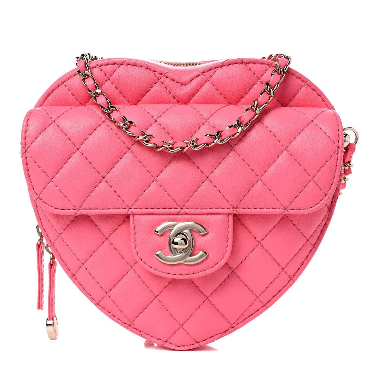 22S CC In Love Heart Zipped Pink Lambskin Quilted Belt Bag LGHW