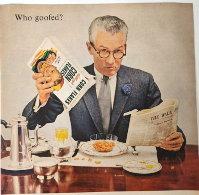 Wall Street Journal Man Kelloggs Vintage 1955 Cereal Ad Corn