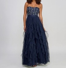 Pear Culture Womens Juniors Blue Embellished Mesh Lace Up Formal Dress Size 5/6