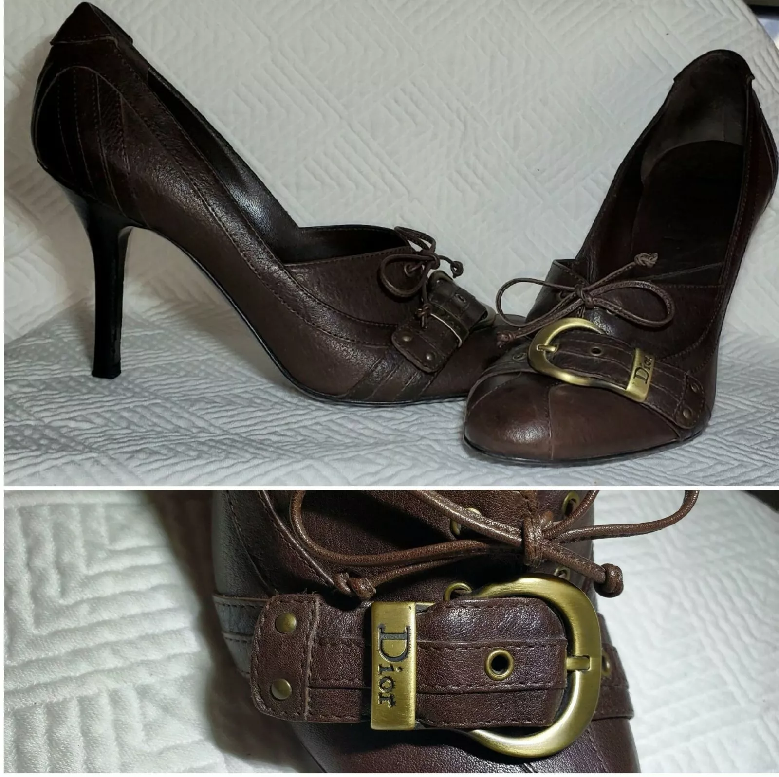 ESCARPINS talons hauts DIOR 37 1/2 ~ BOUCLE LOGO US 7,5 GAUCHO MARRON en cuir portés UNE FOIS