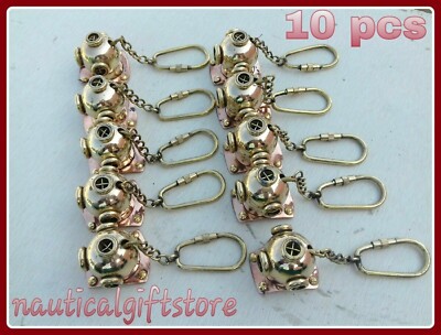 Lot of 10 Pcs Solid Brass Nautical Mini Maritime Diving Helmet key-chain Ring
