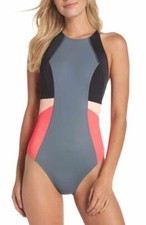 NEW Zella Large Halter One Piece Swimsuit in Grey Pink Black U274