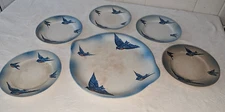 Rare Bona Fama Melior Zona Aurea Antique Porcelain Blue Birds Cake Set 6 Pieces
