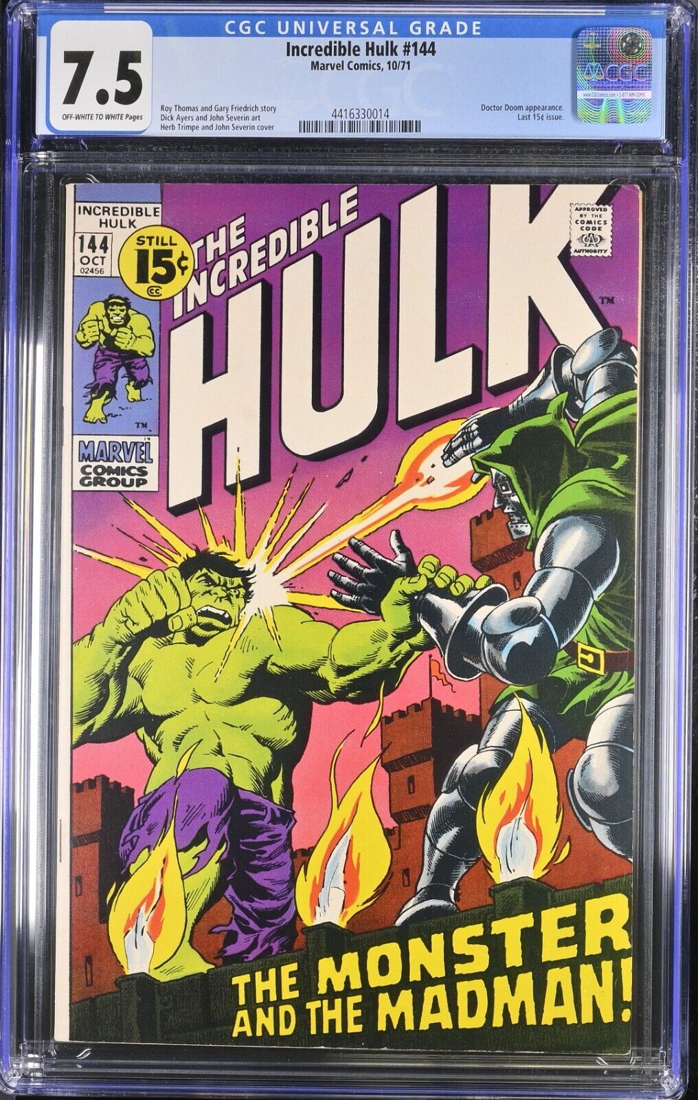 1971 Incredible Hulk 144 CGC 7.5 Doctor Doom Battle Cover. Doc Samson App. RARE!