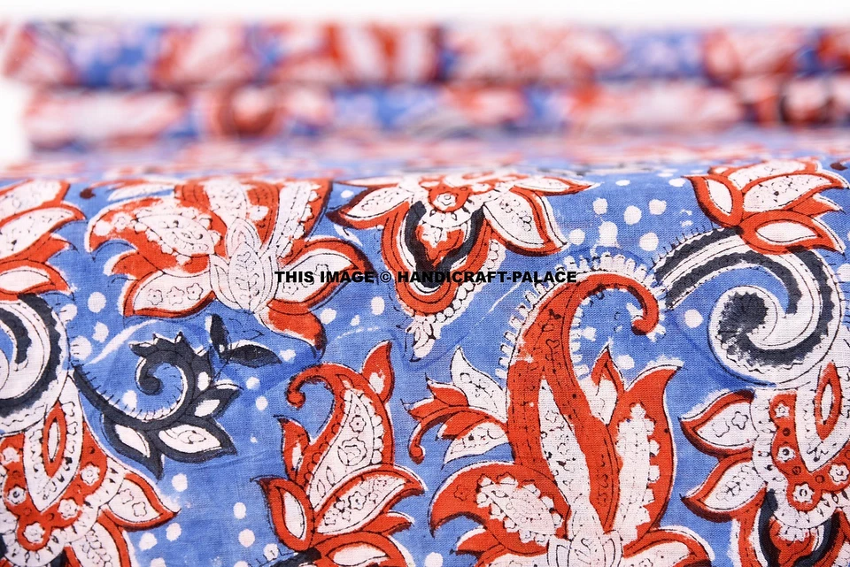 Ткань с ручным принтом индийская 100% хлопок натуральный овощ синий цвет 5 ярдов - Изображение 2 из 2