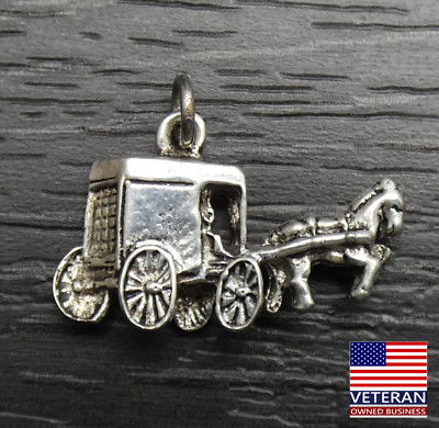 Vintage Sterlingsilber einzigartig Pferdekutsche Buggy 2D Anhänger Charm