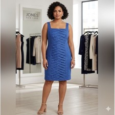 SALE Jones Wear Dress Women 16 Blue Linen Blend Textured Sheath Sleeveless NEW