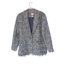 Women's Blue Fringe Tweed Twee Blazer Office Work Career Preppy Academia Medium