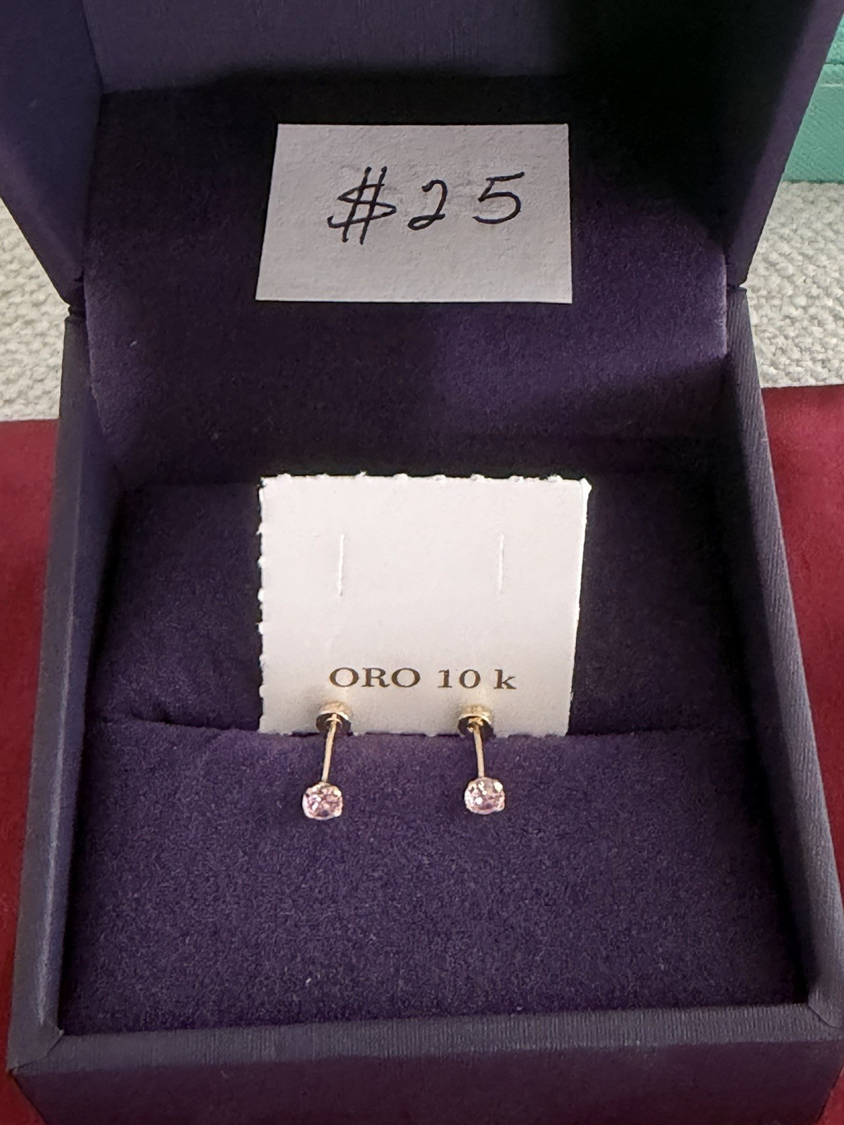 10k Yellow Gold Stud Earrings Pink Stone Round Shape for Lobe