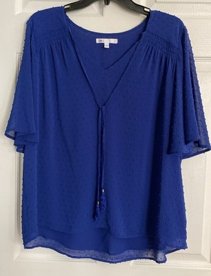 DR2 Royal Blue Swiss Dot V-Neck Tassel Tie Kimono Sleeve Lined Blouse, L, EUC