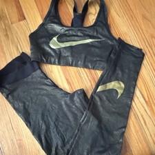 Nike Pro Black  Gold Dri-FIT Sports Bra Leggings Set Women S Activewear Outfit