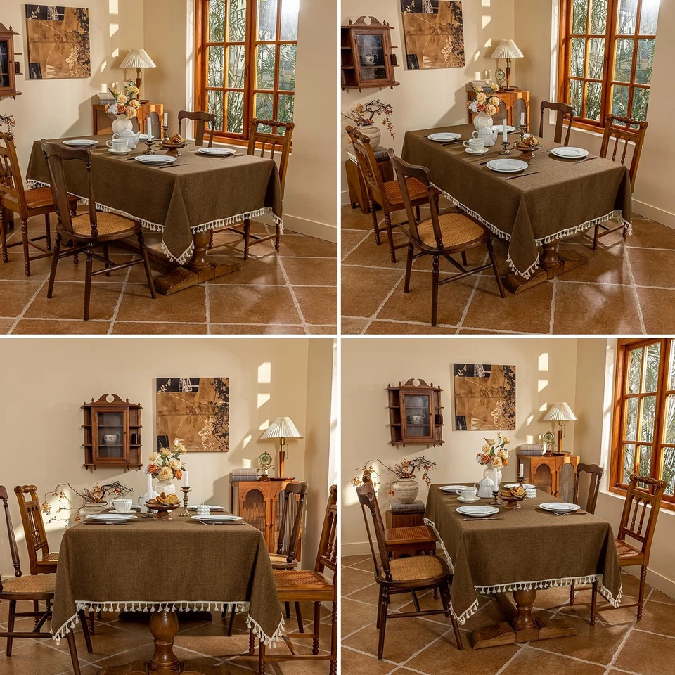Linen Blend Tablecloth Table Cloth 280 GSM Stitching Tassel Rectangle Decorat... - Image 3 of 4