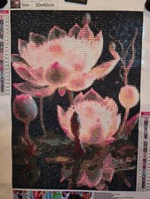 30x40cm Completed Diamond art Big Pink Flowers on Lillypad