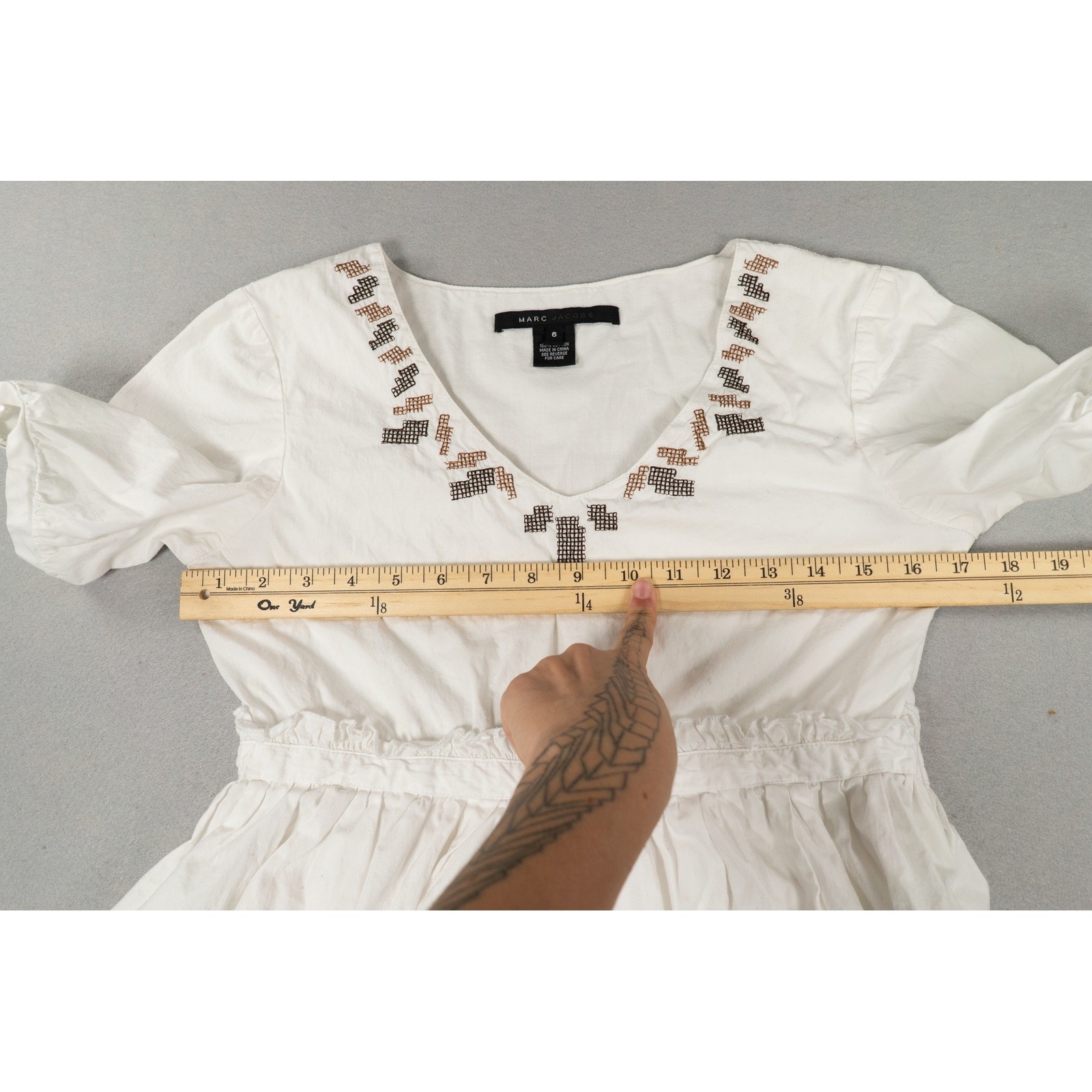 Marc Jacobs White Cotton Cross Stitch Floral Embroidered V-Neck Dress Size 6 image 8