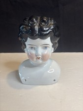 Antique German China Head Doll Head Black Curly Hair Blue Eyes Low Brow