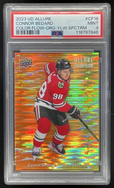 2023 Upper Deck Allure Color Flow Yellow Orange Connor Bedard RC /199 PSA 9