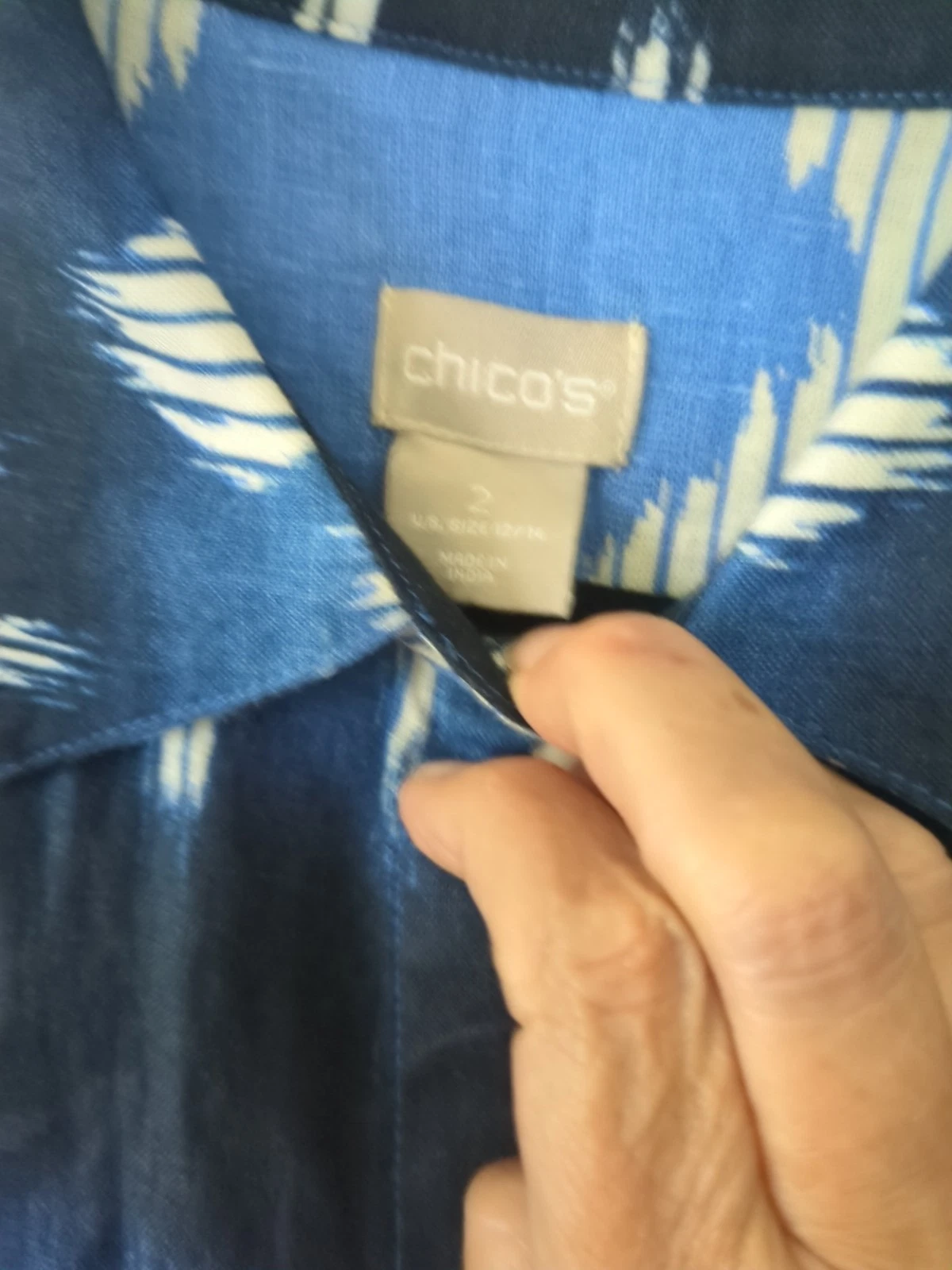 VETEMENTS Abito camicia donna Chico's blu lino stampa azteca Ikat midi con bottoni taglia 2 L