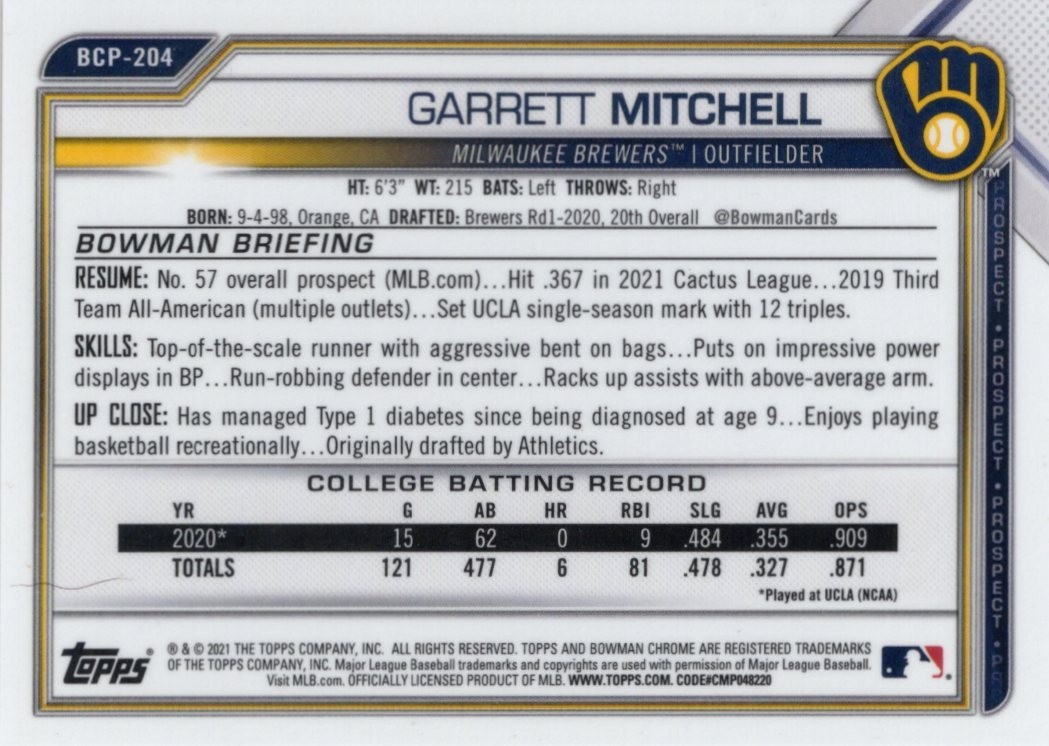 Garrett Mitchell 2021 Bowman Chrome Prospects Mojo Purple Refractor /250 BCP-204 view 2