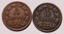 1877 & 1885 Austria 5⁄10 Kreuzer Copper Coins (2) KM# 2183