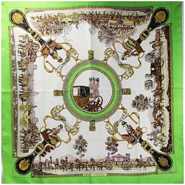 Hermes Grands Attelages Silk Scarf 90 Light Green White Preowned