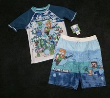 MINECRAFT MOVIE BOYS SWIM TRUNKS RASH GUARD SHIRT SIZE 10/12 NWOT