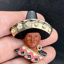 Vintage Figural Brooch Gold Tone Male Sombrero Enamel Rhinestone
