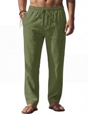 Men's Casual Loose Fit Linen Pants Elastic Waist Drawstring Lightweight Summer