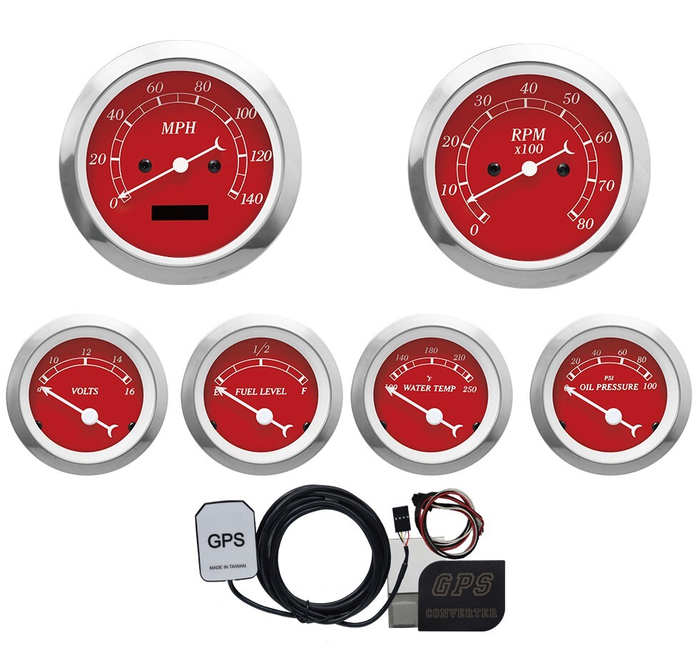 MOTOR METER RACING Classic Red 6 Gauge Set GPS Speedometer MPH °F