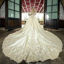 Vintage Satin Wedding Dresses Long Sleeves Beaded Appliques Princess Bridal Gown