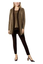 Nina Leonard Women's 3-pc Glitter Knit Cardigan Tank & Pant Set Bronze