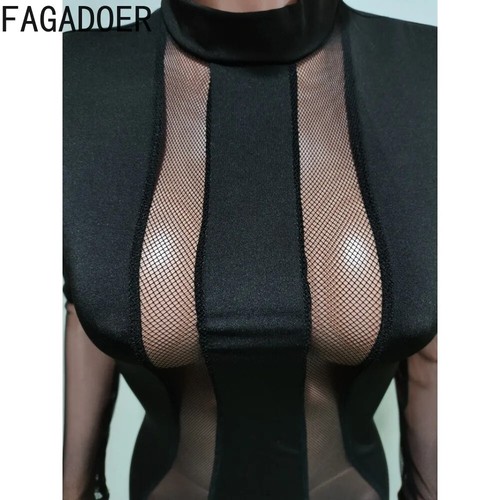 FAGADOER Black Sexy Mesh Splicing Perspective Bodycon Rompers Women Round - Picture 19 of 23