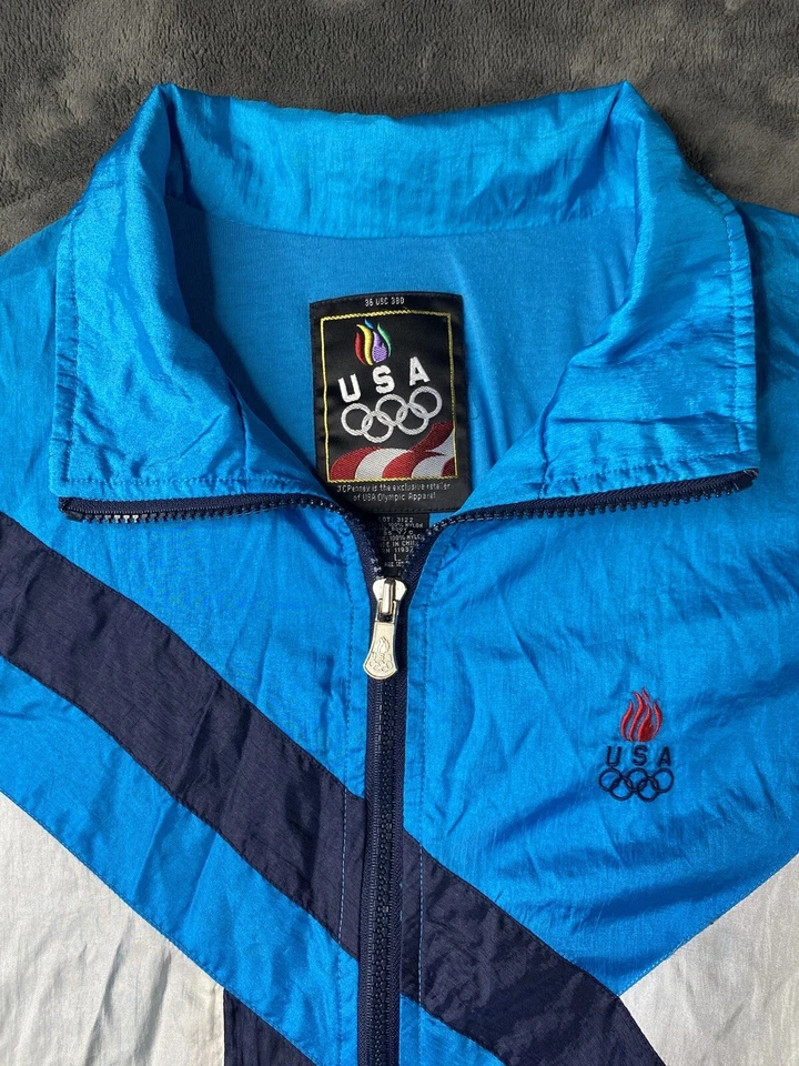 Винтажный США Олимпийских игр ветровка куртка красный синий черный вышитый логотип размер L - Изображение 2 из 4