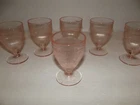 (6) Footed Juice 4" Glasses Depression Pink Jeannette Homespun ribbed vertical
