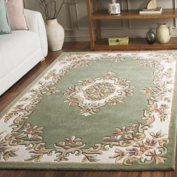 Green & White Aubusson Design Rug Banded Wool Carpet Area Rug 8X10 9X12 6X9 5X8 - Image 2 of 4
