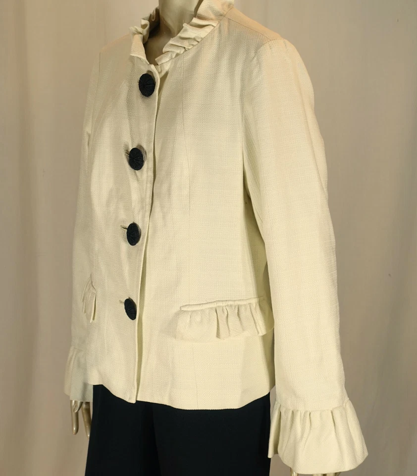 DIÁLOGO~¡COMO NUEVO!!~BLAZER DE ALGODÓN AJUSTADO TEJIDO TEXTURIZADO MARFIL CREMOSO RIBETE CON VOLANTES-M Foto 3 de 4