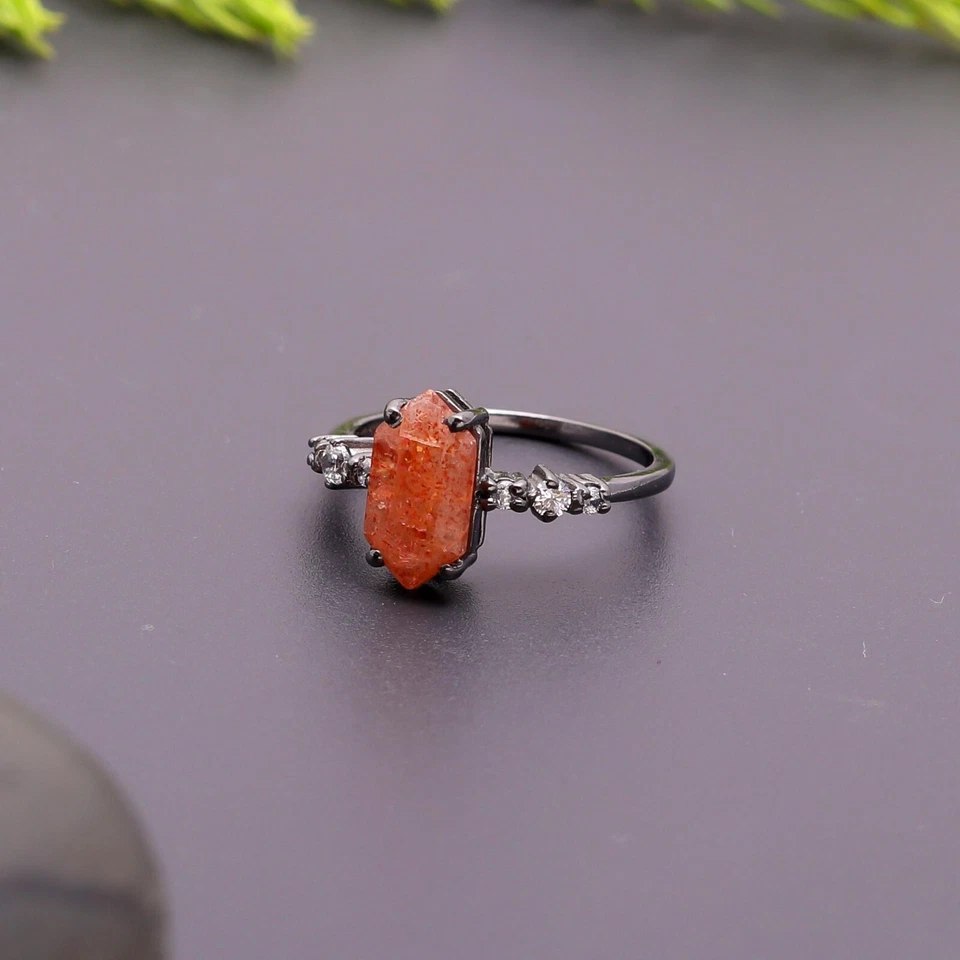 Anillo hexagonal piedra solar natural plata de ley 925 oxidada joyería vintage Foto 2 de 4