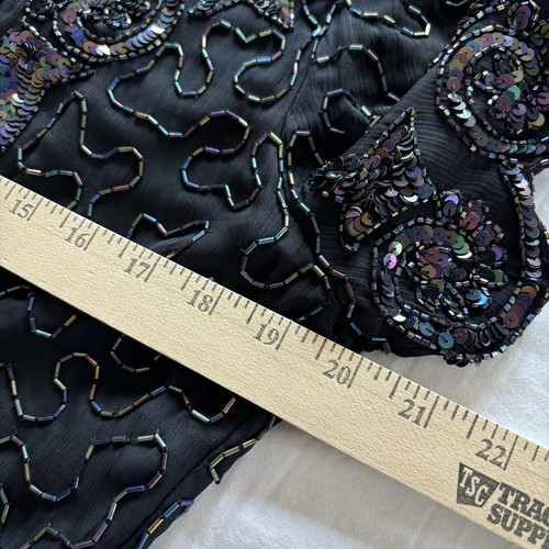 Vtg 90s Stenay Silk Dress 12 Black Metallic Beaded Sequin Scallop Evening Formal - Picture 17 of 24