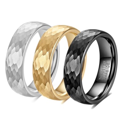 Ring aus Wolfram Carbid   Hammerschlag Design, Damen Herren Partnerring, Schwer