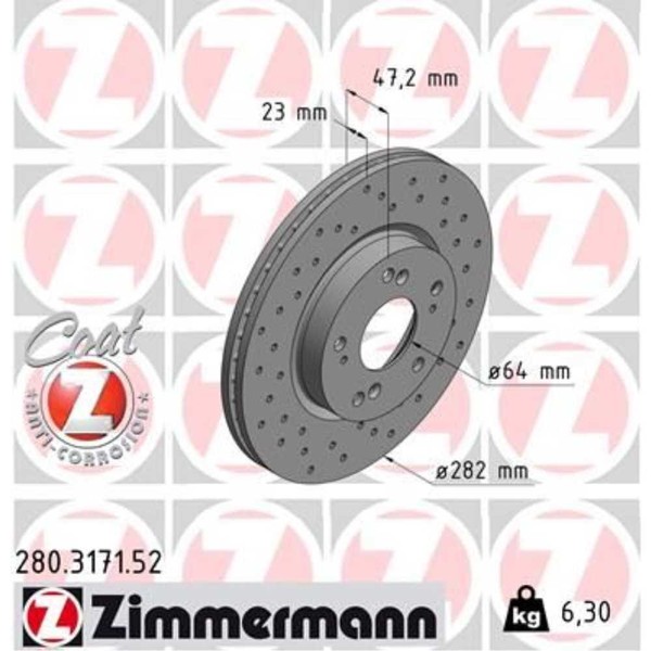 Zimmermann 2X Bremsscheibe Vorne Ø282 Mm InnenbelüFtet Gelocht FüR Honda Civic-image
